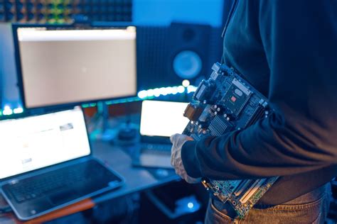 Computer Engineer Holds PC Motherboard Porticos Product Design