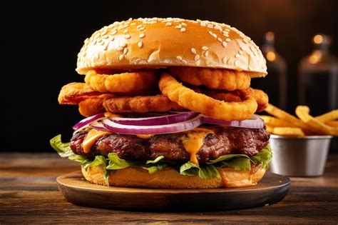 Bbq Ranch Bacon Burger With Onion Rings Premium Ai Generated Image