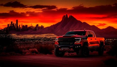 Premium AI Image | A red chevy truck with a city in the background