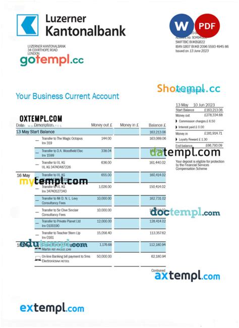 Luzerner Kantonalbank Bank Organization Checking Account Statement Word