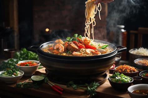 Noodles Spicy Boil With Seafood Shrimp Vegetable Food And Pork In Hot Pot Premium Ai Generated