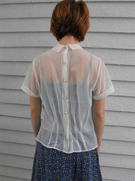 Vintage S Sheer Blouse Button Back Ivory S M