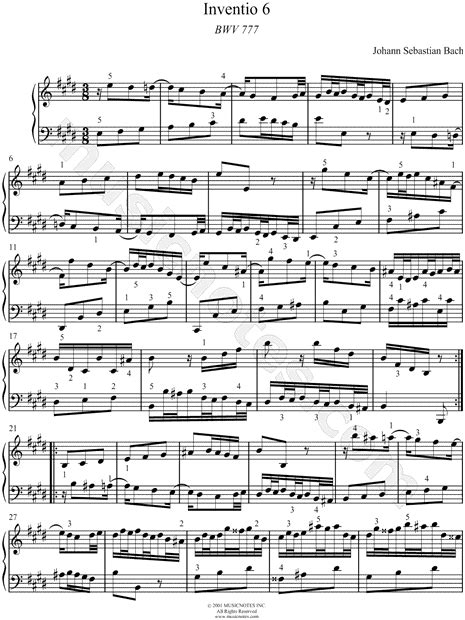 Johann Sebastian Bach Two Part Invention No 6 Bwv 777 Sheet Music Piano Solo In E Major