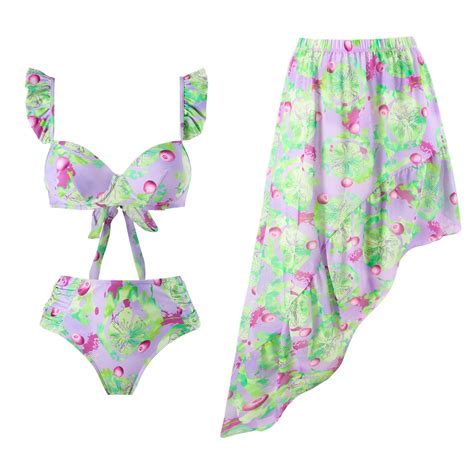 Penkiiy 3 Piece Swimsuits For Women Floral Swimwear With Beach Cover Up Wrap Skirt Bikini Sets