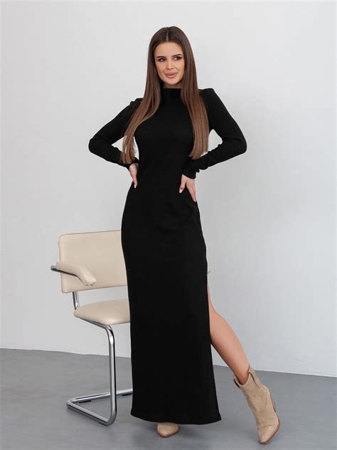 Черное длинное платье-гольф из ангоры с боковым разрезом 14415 за 842 ...