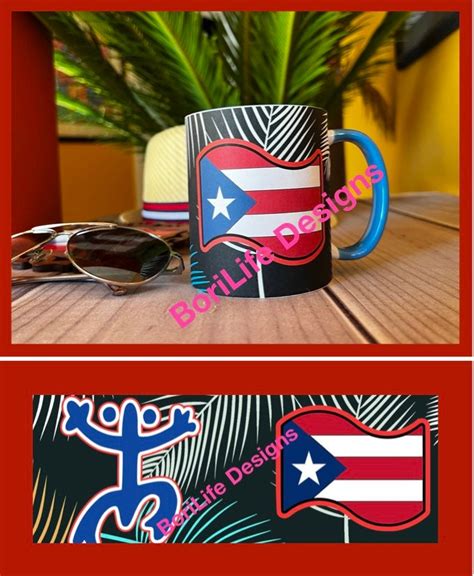 Unique Boricua Coffee Mug Taino Coqui With Pr Flag In Palm Leaf Design