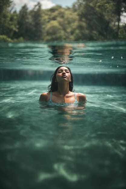 Premium Photo Beautiful Brunette Woman Swims In Pool Lake Sea