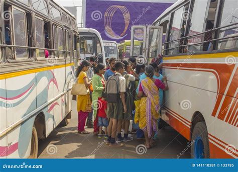 Indian Bus Station With People And Colorful Buses Editorial Photo