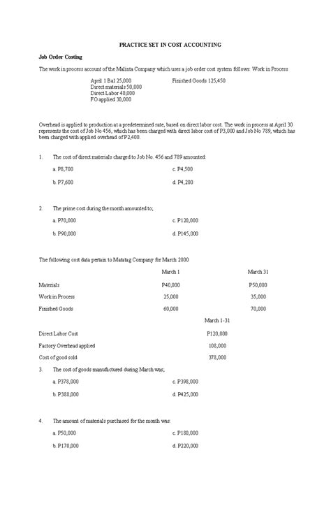 Practice SET IN COST Accounting JOB - PRACTICE SET IN COST ACCOUNTING