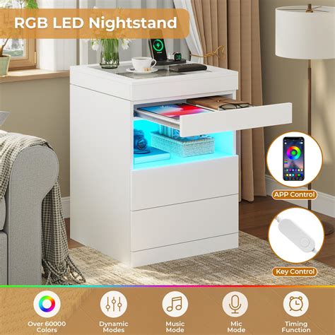 Led Nightstand With Charging Station Modern Bedside Table With Glass Top And Jewelry Tray