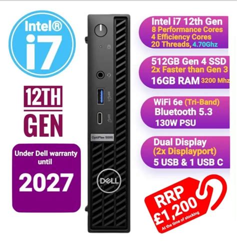 DELL OPTIPLEX 5000 Micro Intel i7 12th Gen 12700T 512GB Gen 4 M.2 SSD ...