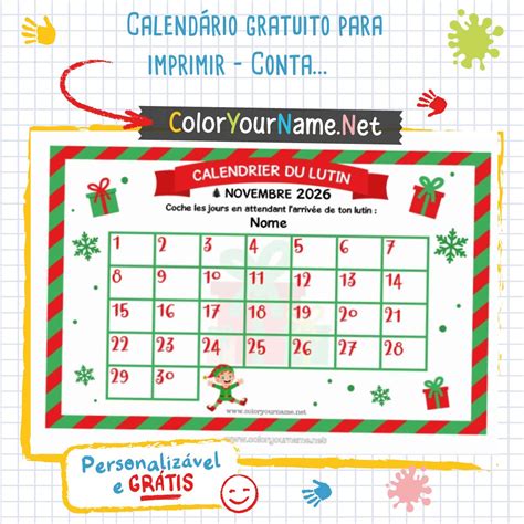 Calendário De Contagem Regressiva Para Imprimir - Calendário gratuito para imprimir – Contagem regressiva do duende travesso