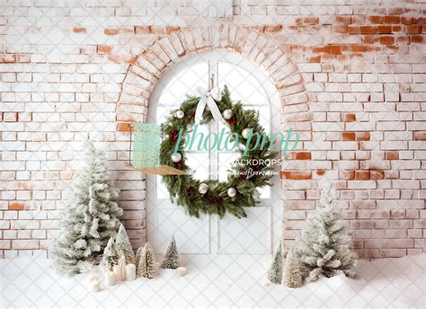 Bright Christmas Window Photography Backdrop Brick Wall Holiday Home