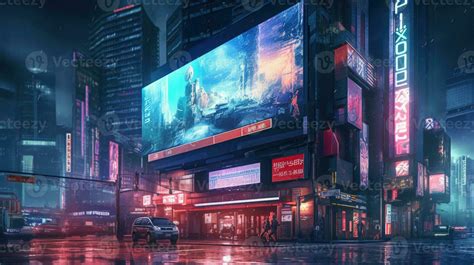 Futuristic Neon City With Billboard At Street Stock Photo At