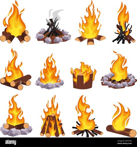 Cartoon Campfire Wood Bonfire Burning Log And Fieldstone Fire Pit