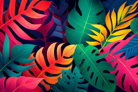 Premium Photo Dark Green Tropical Leaves Colorful Neon Light Backlight Monstera Palm Generative Ai