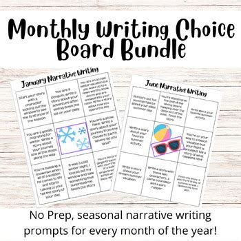 Monthly Narrative Writing Choice Board Bundle By The Kandid Classroom