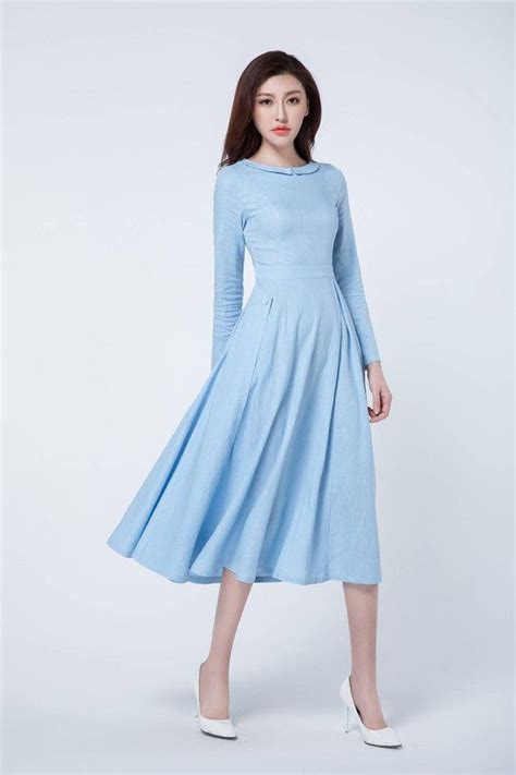 Light Blue Dress Midi Dress Pleated Dress Spring Dress Long Sleeves