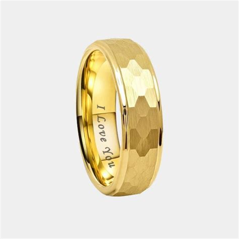 tungsten mm gold ring  hammered finish stepped edge