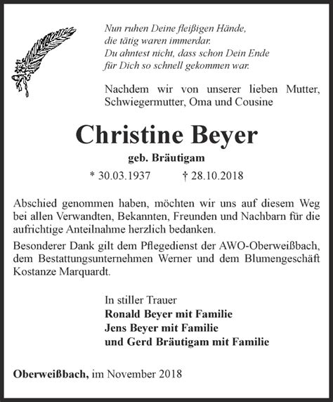 Traueranzeigen Von Christine Beyer Trauer In Thueringen De