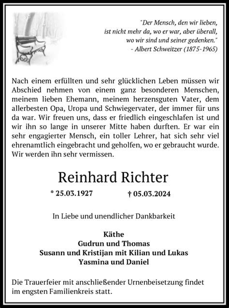 Traueranzeigen Von Reinhard Richter Trauer Kreiszeitung De