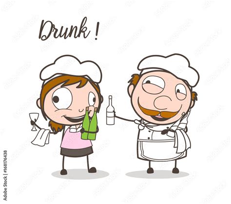 Cartoon Drunk Funny Waitress And Chef Caricature Face Vector Stock