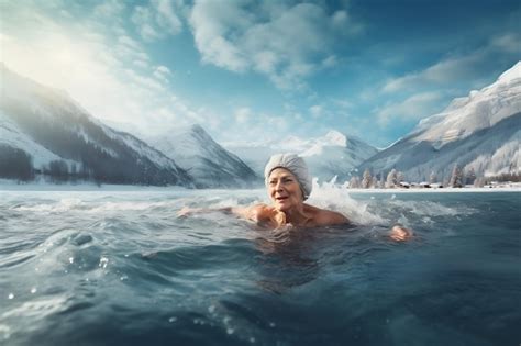 Premium AI Image Winter Lake Plunge Mature Woman Swimming On Icy Lake Generative Ai