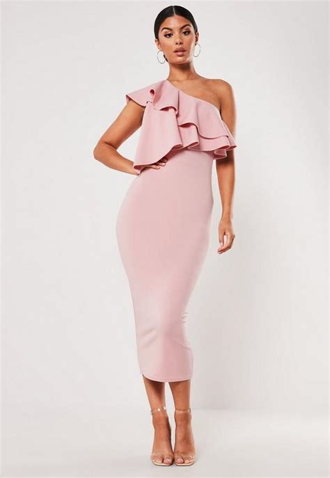 Blush One Shoulder Ruffle Bodycon Midi Dress Missguided