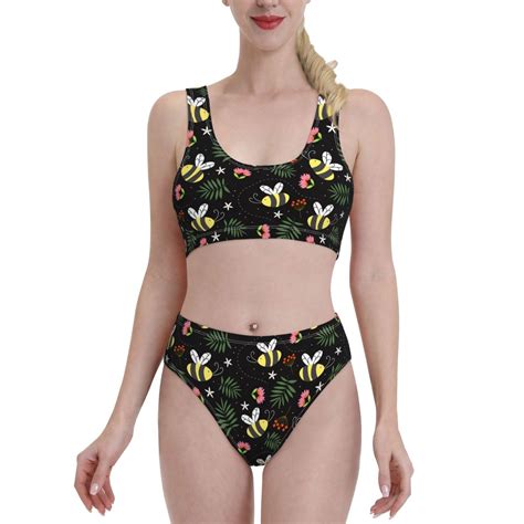 Adobk Bees Print Women High Waisted Bikini Set Sports Swimsuit Bathing