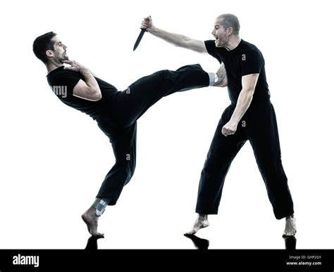 Two Caucasian Men Krav Maga Fighters Fighting Isolated Silhouette On