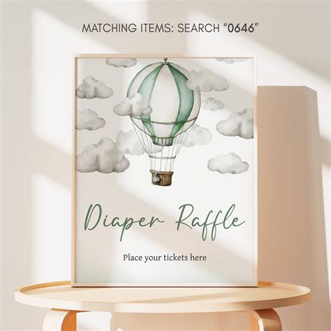 Diaper Raffle Sign Green Hot Air Balloon Baby Shower Adventure Awaits Baby Shower Diaper Game