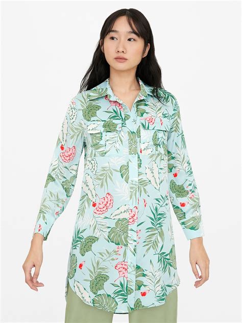 Long Sleeve Floral Shirt Dress Blue Pomelo Fashion