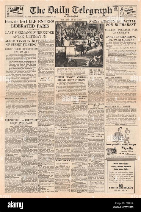 1944 Daily Telegraph Front Page Reporting Allied Forces Liberate Paris