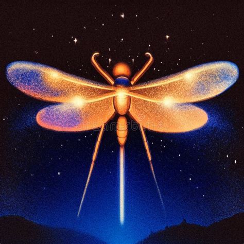 Dragonfly In The Night Sky Vector Illustration In Neon Colors Stock