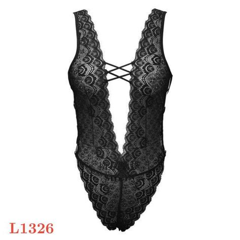 Jual L Lingerie Sexy Baju Tidur Teddy Bodysuit Dress Hitam Transparan Belahan Dada Rendah