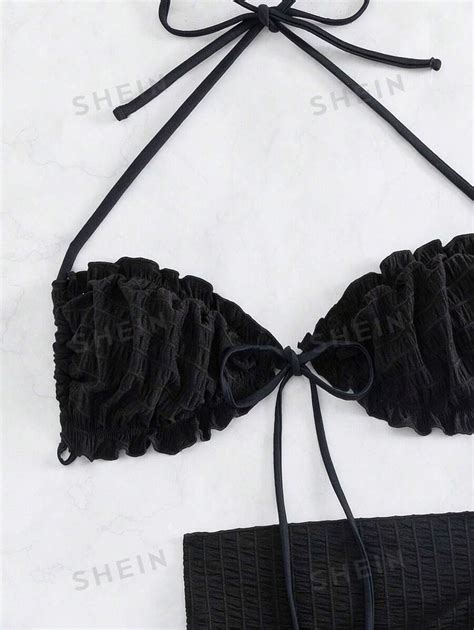 Shein Swim Chicsea Ba Ador Bikini Halter Ribete Fruncido Con Falda De Playa Moda De Mujer