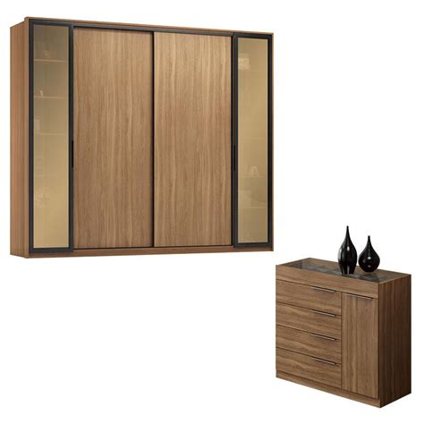 Cômoda Lume e Guarda Roupa Casal Laredo Amêndola Touch Nude Prime Flex Portas de Vidro
