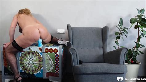 Blonde In Stockings Licks A Dildo Before Fucking Herself With It