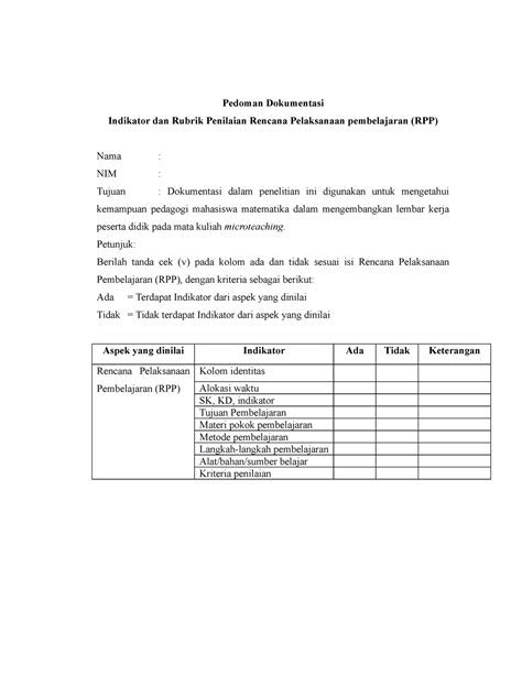 Pedoman Dokumentas Indikator Dan Rubrik Penilaian Rencana Pelaksanaan Pembelajaran Rpp