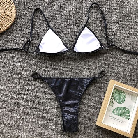 Triangle En Cuir Doré Bikini 2024 Thong Mini Bikini Set Reflective Push Up Swimsuit Baignage