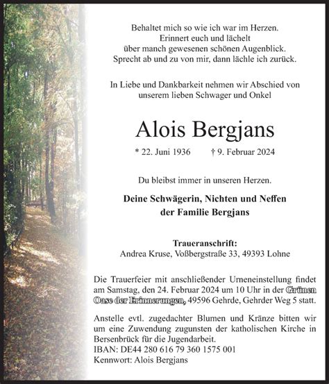 Traueranzeigen Von Alois Bergjans Noz Trauerportal