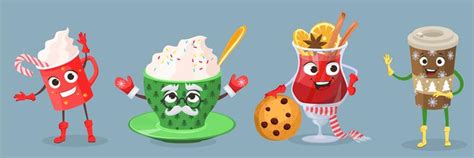 Cute Hot Winter Drink Character Set Royalty Free Vector