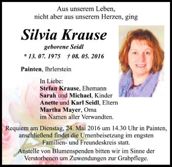 Traueranzeigen Von Silvia Krause Mittelbayerische Trauer