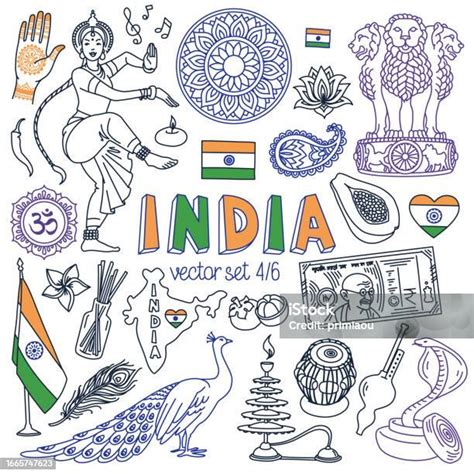 india doodle set traditional symbols  indian culture  buddhism