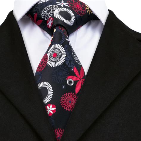 Dn Hi Tie Floral Casual Ties For Men Real Silk Tie Black Red