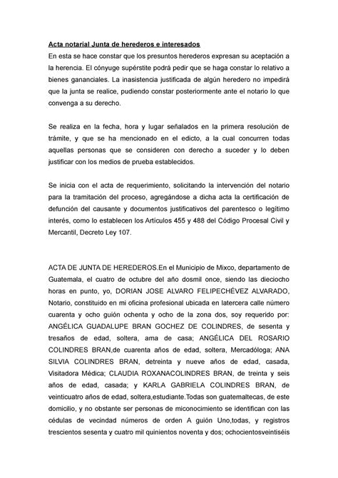 Junta De Herederos Y Avaluo Fiscal Acta Notarial Junta De Herederos E