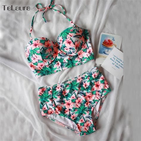 Promo Offer Sexy Floral Print High Waist Swimsuit Bikini Push Up