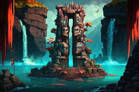 Premium AI Image A Surreal Float Island With A Totem Pole Surrounded