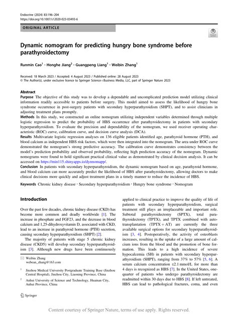 Dynamic Nomogram For Predicting Hungry Bone Syndrome Before Parathyroidectomy