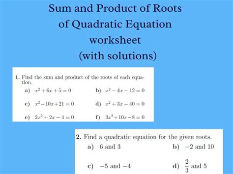 Sum And Product Of Roots Of Quadratic Equation Worksheet With